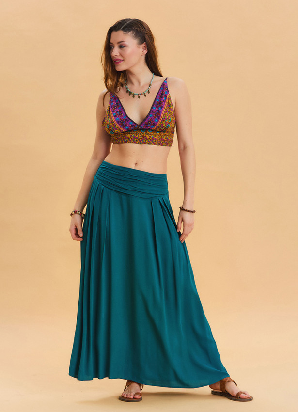 Elastic Waist Drape Detailed Petrol Long Skirt 4491